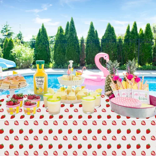 Miniatura 7 de Paquete de 4 manteles de fiesta de fresa, mantel de fresa para primer cumpleaños, mantel de plástico con diseño de fresas, suministros de fiesta