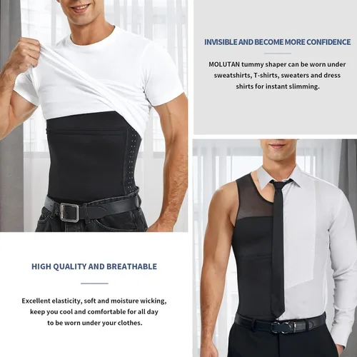 Miniatura 5 de Camisetas de compresión para hombre, faja moldeadora de pecho, control de abdomen, adelgazante, camiseta interior para entrenamiento, camiseta sin