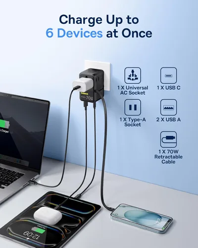 Miniatura 5 de Baseus Adaptador de viaje universal de 70 W y cable USB C retráctil Baseus de 100 W