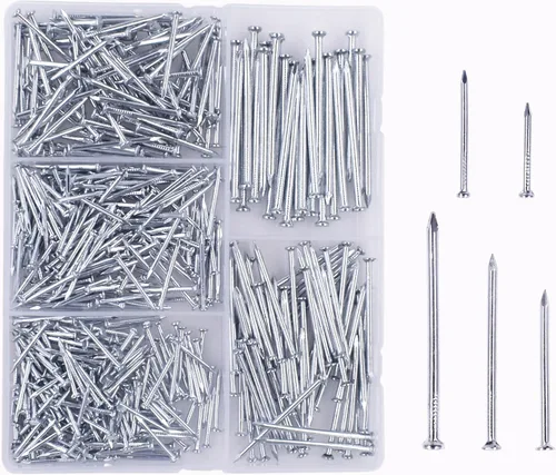 OMOTOOL Juego de 510 uñas de acero galvanizado, 5 tamaños (0.78 a 1.79 pulgadas), plateado, clavos, acero, clavos hacia abajo, colgador de cuadros
