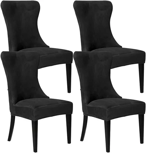 XMNTG Juego de 4 fundas elásticas de terciopelo negro para silla con respaldo de ala, súper suave, reutilizables, lavables, protectores de silla