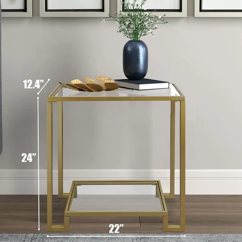 Miniatura 3 de Mesa auxiliar rectangular de 2 niveles, mesa auxiliar dorada con parte superior de cristal, mesa de centro moderna de metal transparente, mesa Dorado