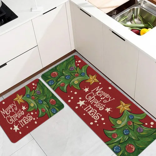 Miniatura 4 de Mloabuc Juego de 2 tapetes de cocina con texto en inglés "Merry Christmas", antifatiga, impermeables, resistentes a las manchas, color azul, Navidad