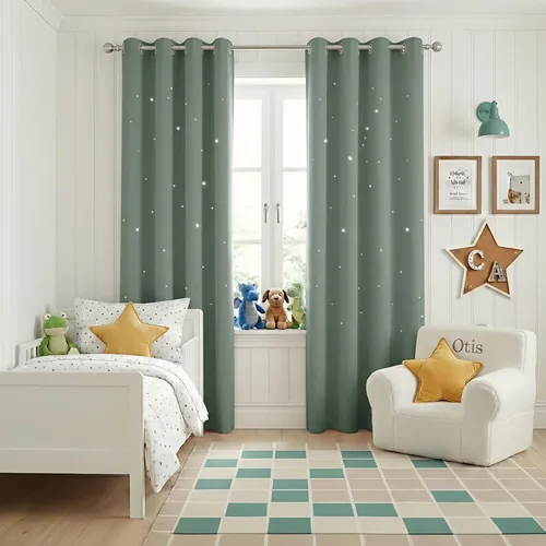 Miniatura 39 de NICETOWN Cortinas infantiles perforadas, cortinas marroquíes con estrellas azules para dormitorio de niñas, gruesas y suaves, para oscurecer la Azul