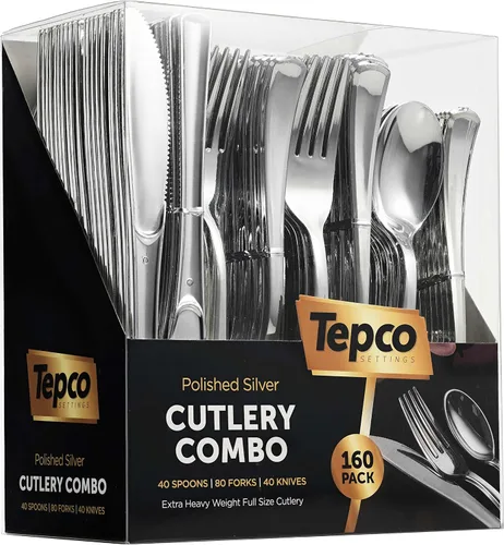Juego de cubiertos de plástico, juego de cubiertos plateados, juego de cubiertos resistentes, paquete de 160 unidades, 40 cuchillos, 80 tenedores,