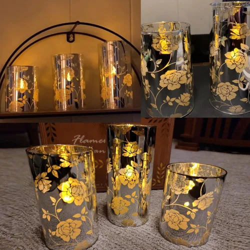 Miniatura 2 de Velas de Cristal Florales Sin Llama Rosa Románticas Operadas con Batería con Control Remoto Parpadeantes LED Plateadas Vela de Pilar de Cera Real
