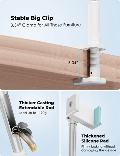 Miniatura 5 de Viozon Soporte para teléfono, brazo largo flexible, montaje superior, ángulo ajustable de 360°, aleación de aluminio, abrazadera C para cabecero