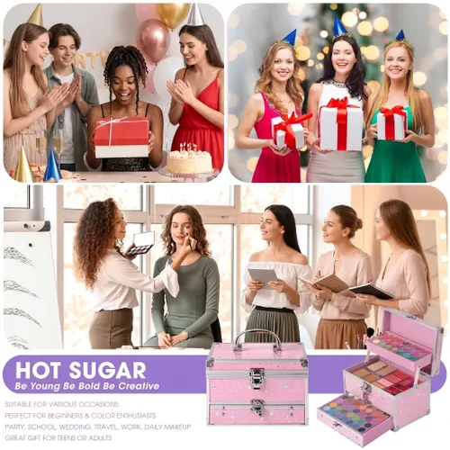 Miniatura 5 de Kit de maquillaje Hot Sugar para adolescentes con estuche de tren, juego de regalo de maquillaje portátil para principiantes, kit de belleza y Rosa