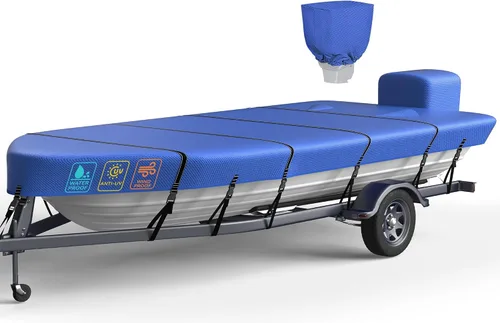 Miniatura 12 de Cubierta de barco Jon de 5 capas 1200D de 14 pies a 16 pies con cubierta de motor, 100% impermeable para remolques Jon Boat cubre 14-16 pies con 9+4