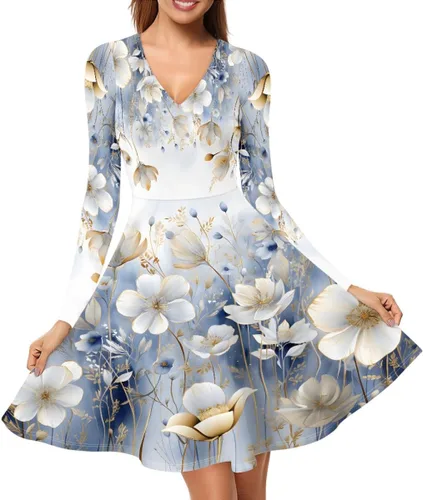 Miniatura 3 de GLUDEAR Vestido de manga larga con cuello en V y volantes con estampado 3D de Van Gogh para mujer