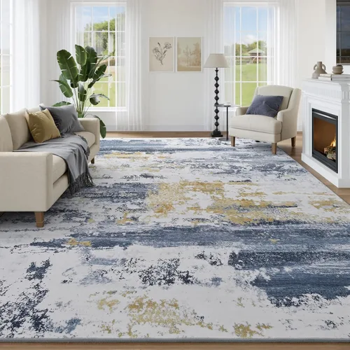 Miniatura 11 de Kelarea Alfombra lavable para sala de estar, 5 x 7 antideslizante, alfombras modernas abstractas color beige, alfombra de pelo bajo fácil
