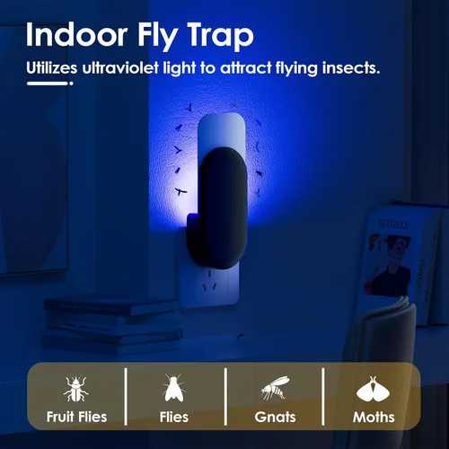 Miniatura 5 de Trampa para Insectos Voladores, 2 en 1 Trampa para Moscas de la Fruta de Enchufe para Interiores, 1 Trampa Negra y 6 Tarjetas de Pegamento, Trampas