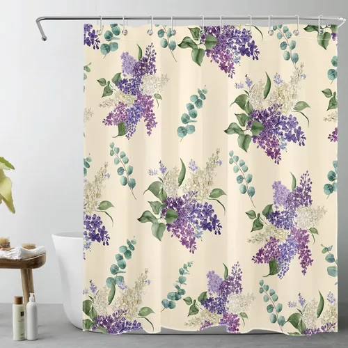 EOBTAIN Cortina de ducha floral púrpura para baño, flores de acuarela y hojas de eucalipto verde sobre beige, cortina de ducha con 10 ganchos, juego