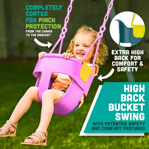 Miniatura 2 de Asiento de Columpio Premium de Respaldo Alto Tipo Cubeta Completa para Niños Pequeños con Agarre para los Dedos, Cadenas Recubiertas de Plástico