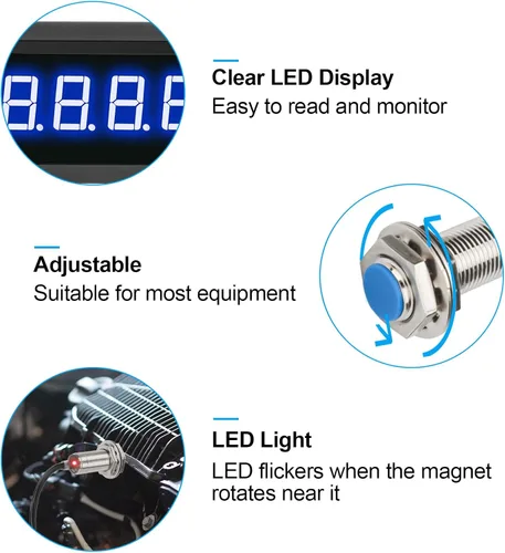 Miniatura 2 de EEEkit Tacómetro de 4 dígitos con LED azul, medidor de velocidad RPM digital para motores con sensor Hall NPN de interruptor de proximidad