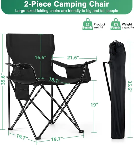 Miniatura 2 de HaSteeL Paquete de 2 sillas de camping, sillas de playa plegables grandes con bolsa refrigeradora, portavasos y bolsillo de almacenamiento, portátil