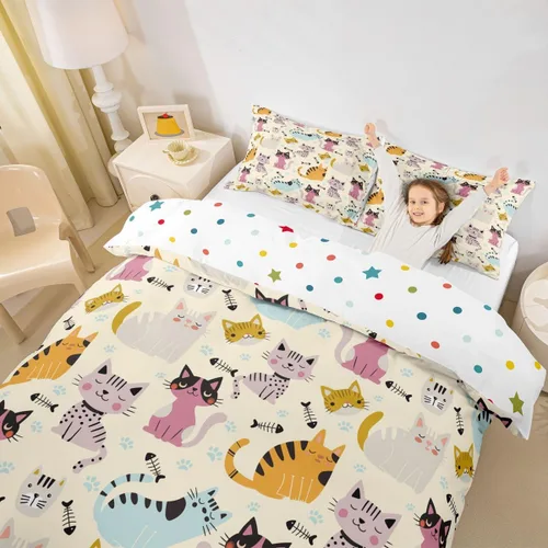 Miniatura 16 de Erosebridal Juego de funda de edredón con diseño de gato y fresa, tamaño individual, diseño de caricaturas, arcoíris, con temática de animales