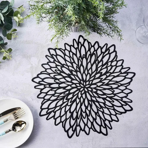 Efavormart - Juego de 6 manteles individuales de vinilo floral negro de 15 pulgadas, antideslizantes, redondos, con corte de flores, metálicos, para