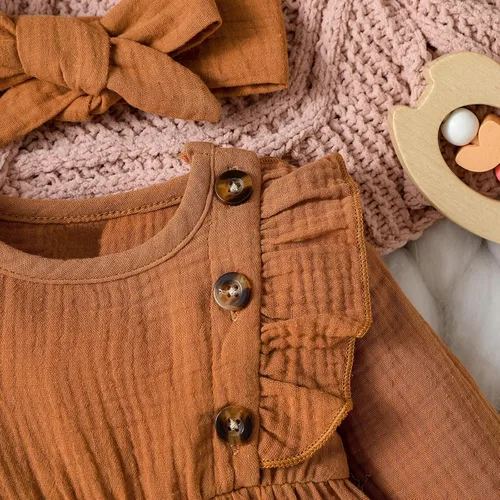 Miniatura 4 de KMBANGI Mameluco de algodón y lino para bebé recién nacido, con volantes, ropa de otoño