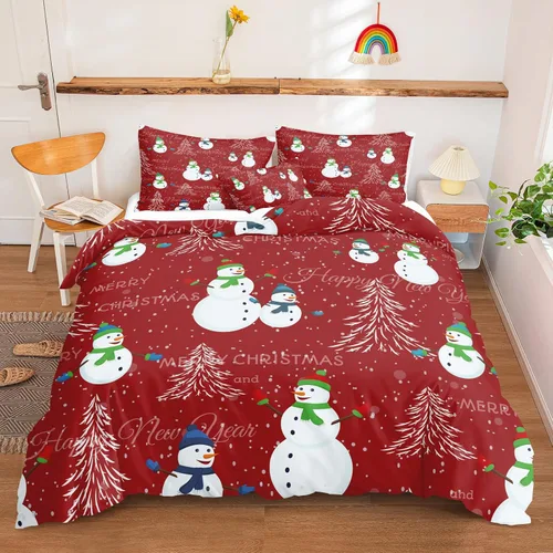 Miniatura 37 de Juego de ropa de cama de Navidad con funda de edredón de copos de nieve, color blanco y rojo, con estampado navideño, juego de ropa de cama festiva