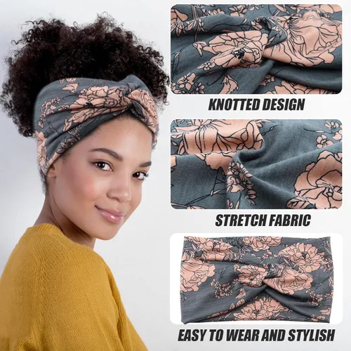 Miniatura 5 de Diademas anchas para mujeres y niñas, diadema bohemia con estampado floral, turbante nudo, diadema para entrenamiento, bandas para el cabello