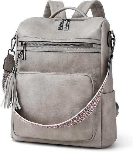 Miniatura 7 de OPAGE - Mochila de cuero para mujer, con borla de moda, bolso de hombro, mochila grande, bolsa de viaje, gris, L