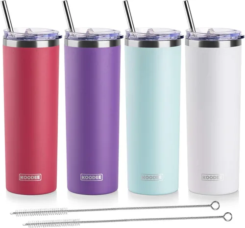Miniatura 28 de Koodee - Vaso delgado de acero inoxidable de 20 onzas (4 unidades) aislado con doble pared, vaso de agua con 4 tapas, 4 popotes y 2 cepillos
