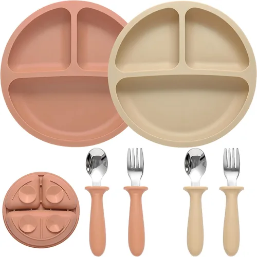 Miniatura 11 de Eascrozn Juego de Alimentación para Bebé, 2 Paquetes de Placas de Succión Divididas de Silicona para Bebé, 2 Paquetes de Juego de Cucharas