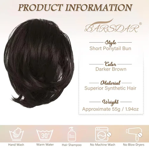 Miniatura 4 de BARSDAR Extensiones de Moño de Cabello Liso, Extensiones de Moño de Cabello Castaño de Cola de Caballo Corta, Piezas de Cabello de Moño Desordenado