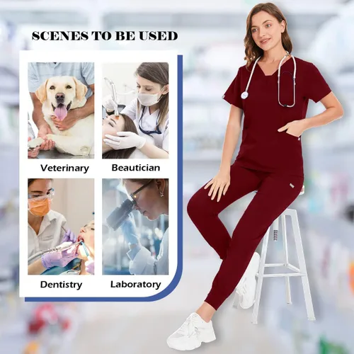 Miniatura 4 de niaahinn Conjunto de traje médico para mujer, moderno top con cuello en V y pantalones deportivos de pierna cónica con cordón, conjunto de uniformes