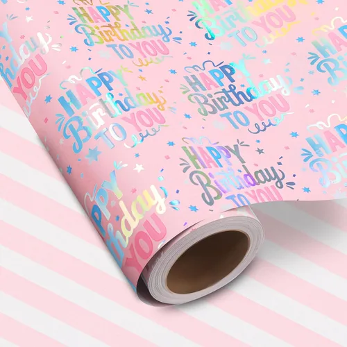 Miniatura 9 de woric Papel de regalo reversible de cumpleaños para niños y niñas, 17 pulgadas x 36 pies, papel de regalo con letras de feliz cumpleaños para azul