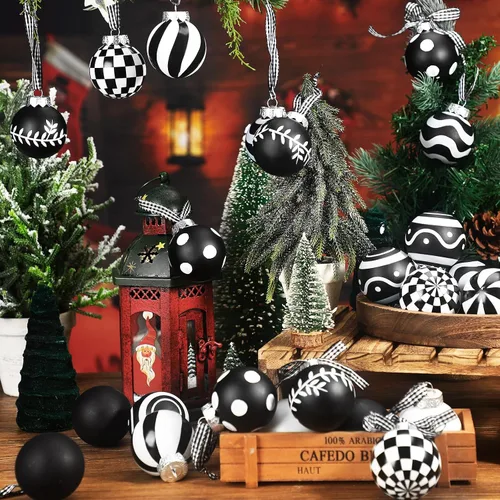 Miniatura 5 de Chuangdi 24 piezas Adornos de bola de Navidad para árbol, decoraciones de árbol de Navidad en negro y blanco, adornos modernos de bola colgante