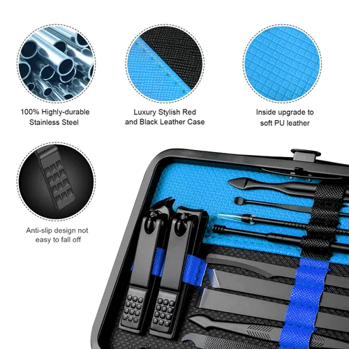 Miniatura 5 de Cortaúñas profesional de acero inoxidable, kit de viaje y aseo para uñas, herramientas de manicura y pedicura, juego de 18 piezas con estuche