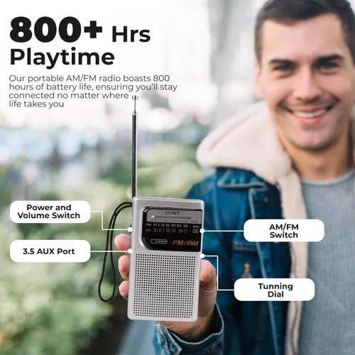 Miniatura 3 de Coby Radio Portátil AM/FM – Radio de Bolsillo Retro Operada con Batería con Altavoces Potentes, Batería de Larga Duración de 800 Horas, Recepción