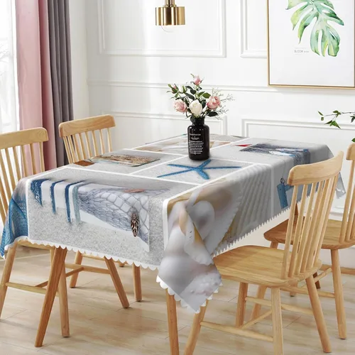 Miniatura 18 de Mantel oblongo, diseño de playa de 52 x 70 pulgadas, diseño de playa con estrellas de mar y olas de mar, con decoración impermeable y resistente a