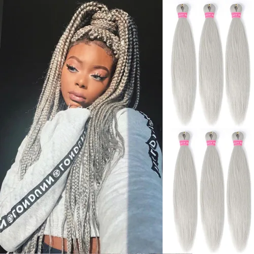 Miniatura 23 de Cabello para trenzar preestirado plateado, 20 pulgadas, 6 paquetes de extensiones de cabello trenzado Ombre preestiradas para mujeres, fibra