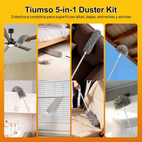 Miniatura 6 de Tiumso Kit de plumero de microfibra 5 en 1, plumeros para limpieza, plumero con poste de extensión de 100 pulgadas, plumero de telaraña, plumeros