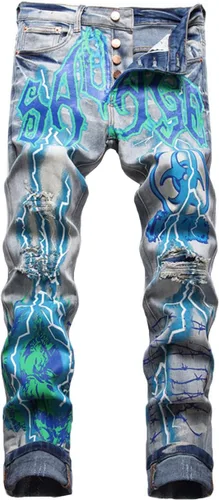 Jeans de graffiti hip hop para hombre, rasgados, ajustados, desgastados, desgastados, ajustados, elásticos, con estampado casual