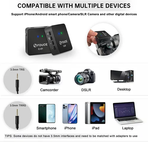 Miniatura 5 de FDUCE UHF - Sistema de micrófono inalámbrico Lavalier para teléfono y cámara, mini micrófono de condensador portátil con clip, micrófono de solapa