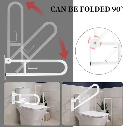Miniatura 5 de Barra de sujeción para inodoro de 77 cm, YuanDe, riel de apoyo antideslizante blanco, barra de sujeción plegable en forma de U con porta papel