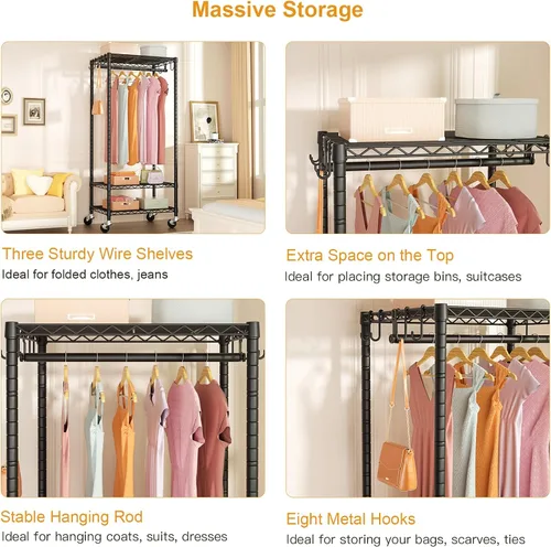 Miniatura 7 de FUTASSI P6 - Mini perchero con ruedas para colgar ropa, resistente y portátil, con ruedas, carga máxima de 360 libras, 23.6 pulgadas de ancho x 14