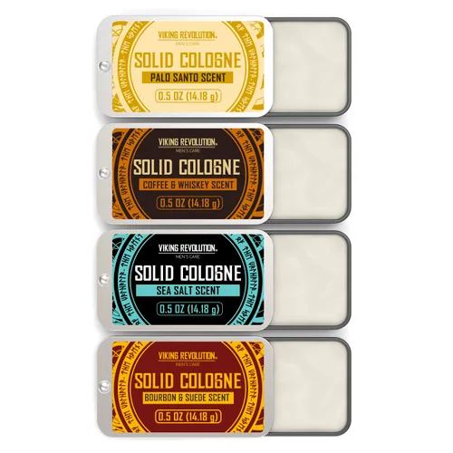 Viking Revolution Paquete de 4 colonia sólida para hombre, juego de regalo de colonia para hombre, incluye café y whisky, Palo Santo, sal marina,