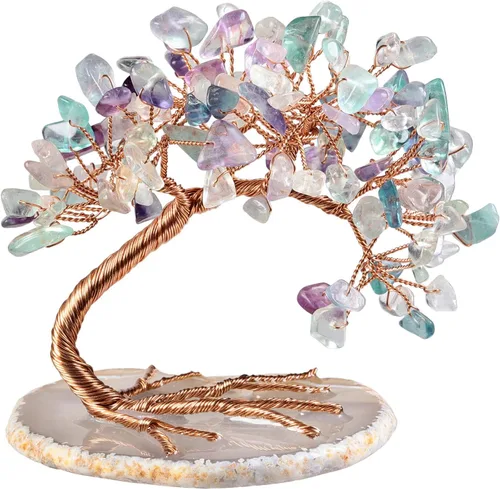 Miniatura 16 de Nupuyai Árbol de dinero de cristal curativo de alambre de cobre de 3-4 pulgadas para la buena suerte, base de rodajas de ágata bonsái, decoración
