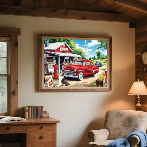 Miniatura 5 de Rompecabezas de 1000 piezas para adultos, rompecabezas de tienda de campo con coche rojo, perro y escena de pueblo rústico, rompecabezas escénico al