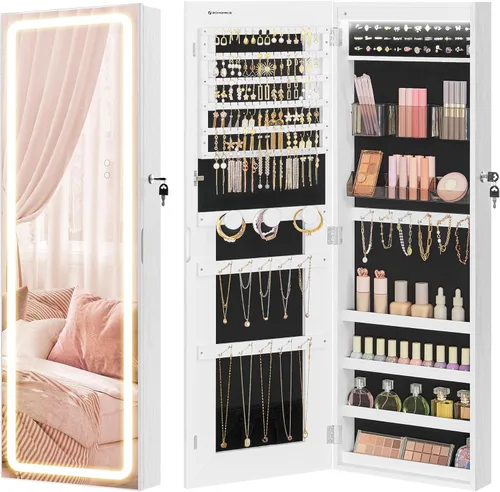 Miniatura 24 de SONGMICS Gabinete colgante de joyería, gabinete de pared con luces interiores LED, organizador de joyas montado en la puerta, espejo de cuerpo Blanco