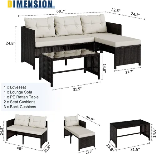 Miniatura 3 de Vongrasig Juego de muebles de patio de 3 piezas, sofá seccional de mimbre PE para todo tipo de clima, juego de conversación pequeño para Beige