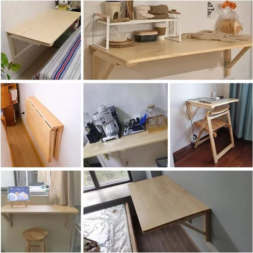Miniatura 7 de MM MELISEN Escritorio plegable de madera, mesa plegable de montaje en pared natural de 29.5 x 19.6 pulgadas para espacios pequeños. Perfecto como un