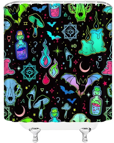 Miniatura 3 de GCTNBJL Cortina de ducha de Halloween para caravana, espeluznante alquimia bruja, tablero de ouija, murciélago, cráneo, hongo gótico, luna
