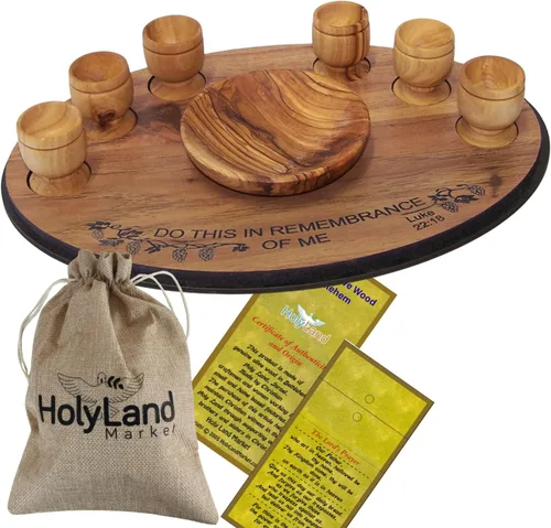 Miniatura 12 de Holy Land Market Juego de tazas y platos de comunión de madera de olivo, juego de comunión tallado a mano en Belén, para adoración de la iglesia