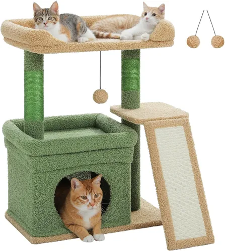 Miniatura 9 de PEQULTI Torre de árbol para gatos pequeños para gatos adultos grandes con percha superior ancha, condominio privado para gatos y poste rascador